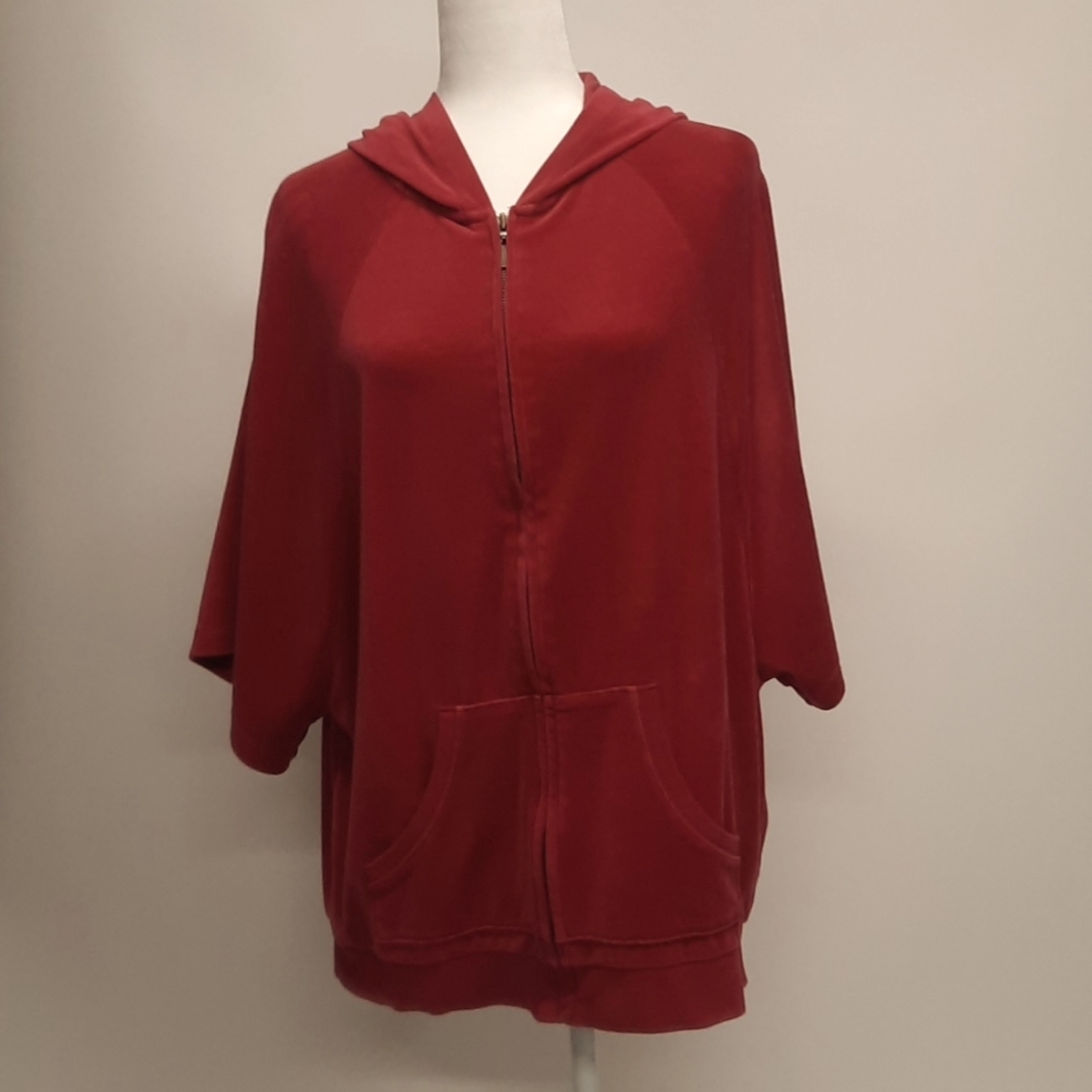 Plush & Lush Berry Velour Zip Front Hooded Cropped Sleeve Jacket, Size Small